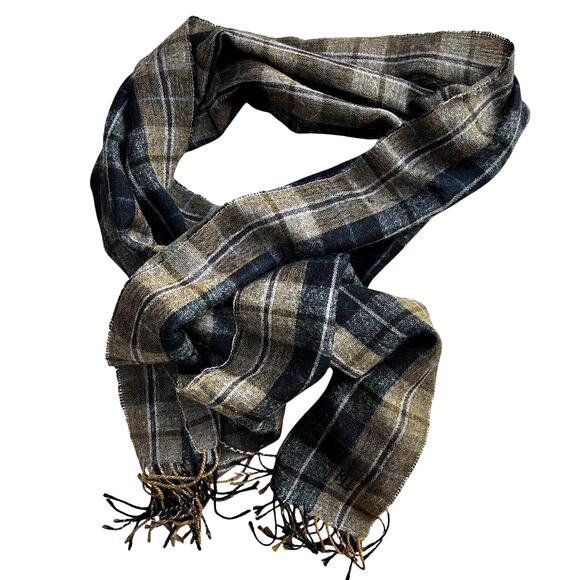 Lauren Ralph Lauren unisex scarf Mohair wool blend woven black brown plaid - Picture 6 of 7
